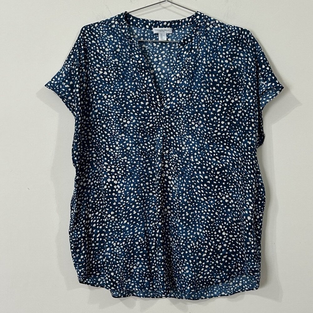CAROLINA BELLE Montreal Womens L Blue Abstract Dot Tunic Top Cap Sleeve V Neck